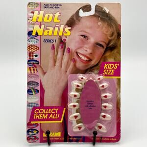 Vintage 80s Kids Press On Fake Nails Hot Nails White with Red Hearts Dots